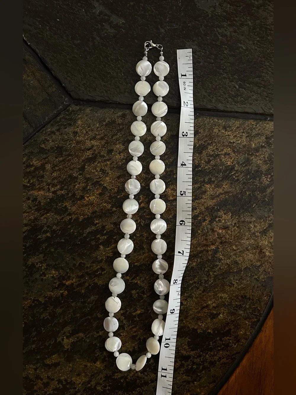 Vintage Mother-of-Pearl Disc & Moon Stone Space Beads Necklace